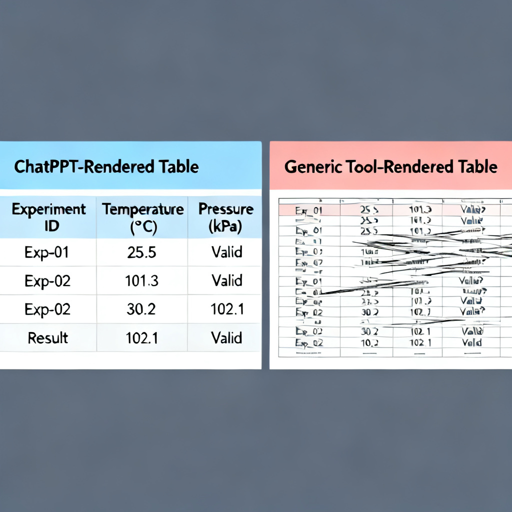 A side-by-side comparison of a scientific data table rendered by ChatPPT (clear, well-aligned, with proper labels) vs. a generic tool (cluttered, misaligned).