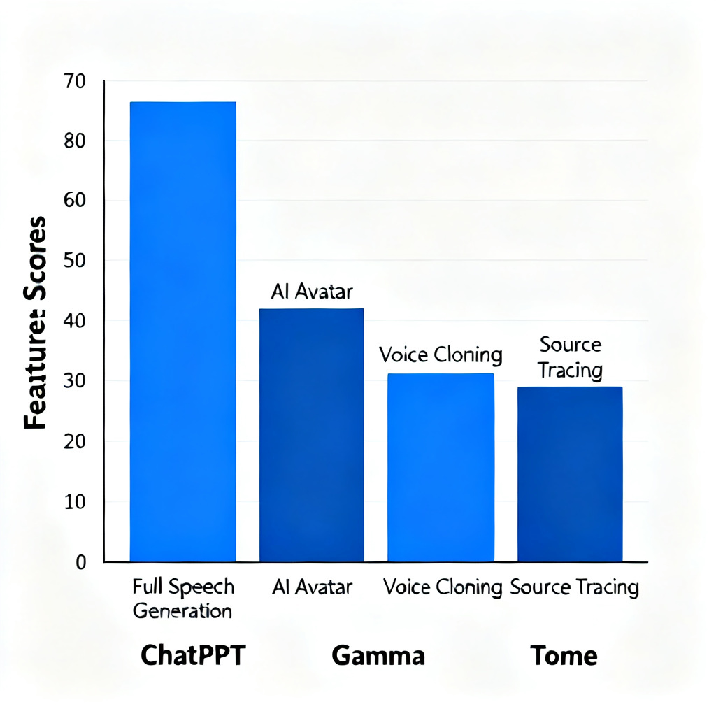 A bar chart comparing features of three presentation tools: ChatPPT, Gamma, and Tome, with bars for 'Full Speech Generation', 'AI Avatar', 'Voice Cloning', 'Source Tracing', ChatPPT bars significantly higher, infographic style