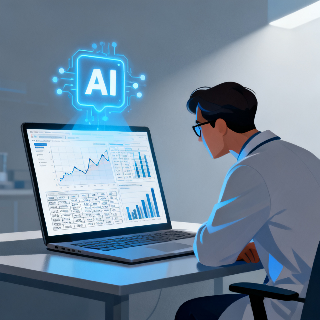 A researcher looking at a complex data chart on a laptop, with a glowing AI icon assisting in organizing the data