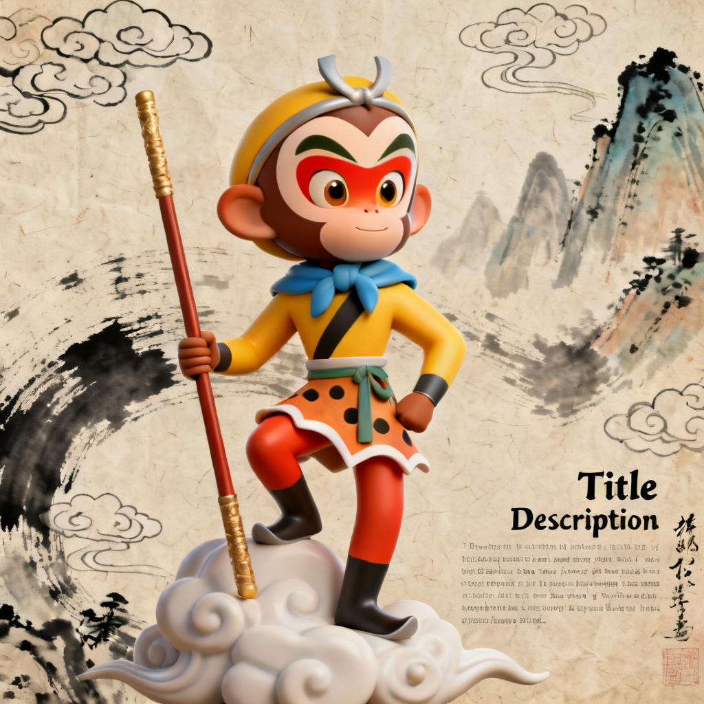 A slide in 3D Journey to the West style, featuring Sun Wukong as a central character, with textured paper background and traditional Chinese painting elements, text is clearly editable