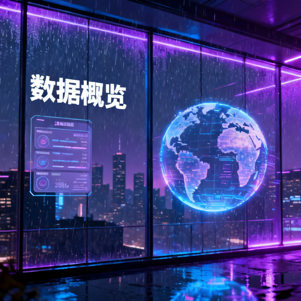 赛博朋克风格的演示文稿页面,霓虹紫蓝色灯光透过雨夜玻璃幕墙,城市天际线作背景;页面左侧为白色等线标题与数据卡片,右侧为漂浮的 3D 全息地球;电影级体积光、反射与景深,8K 画质,超清细节。