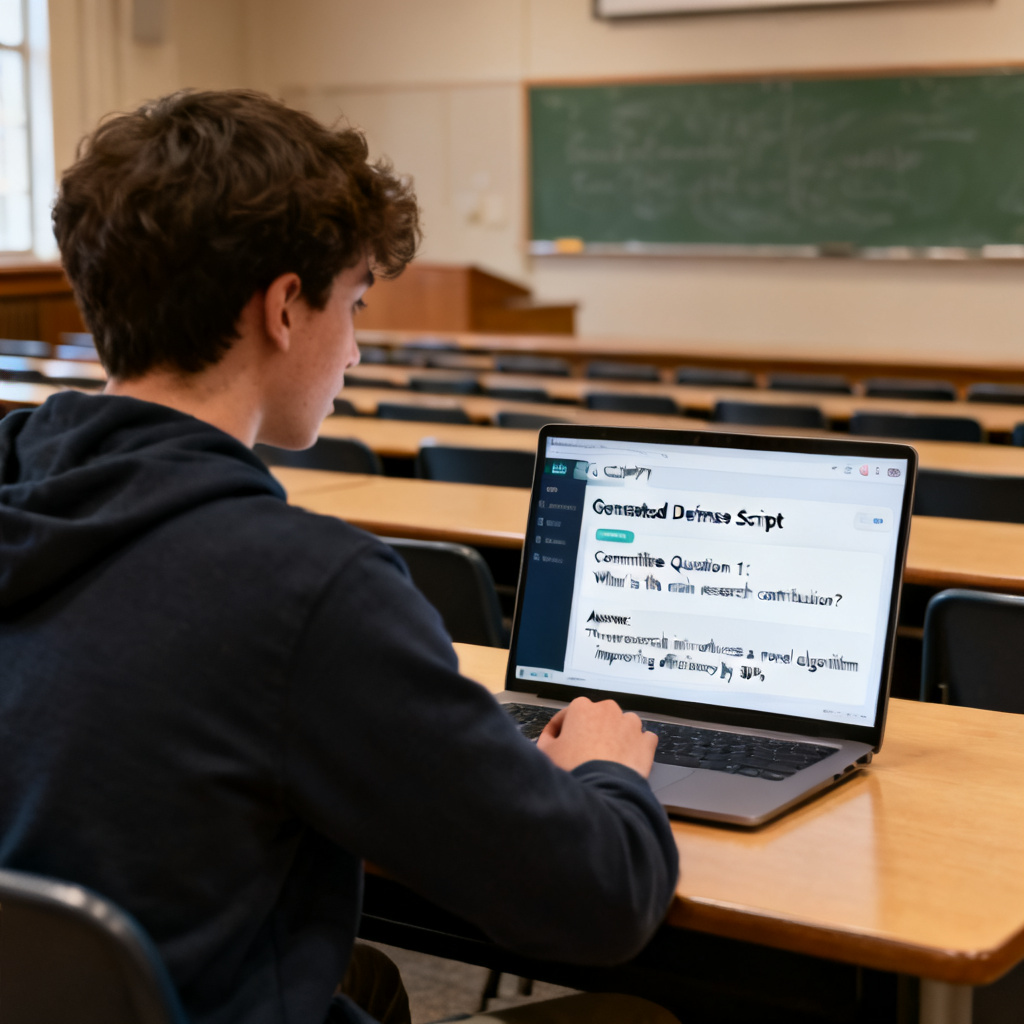 A student practicing a defense speech, with ChatPPT interface showing a generated script and potential committee questions with answers. Background: university lecture hall. Style: realistic, focused on the screen.