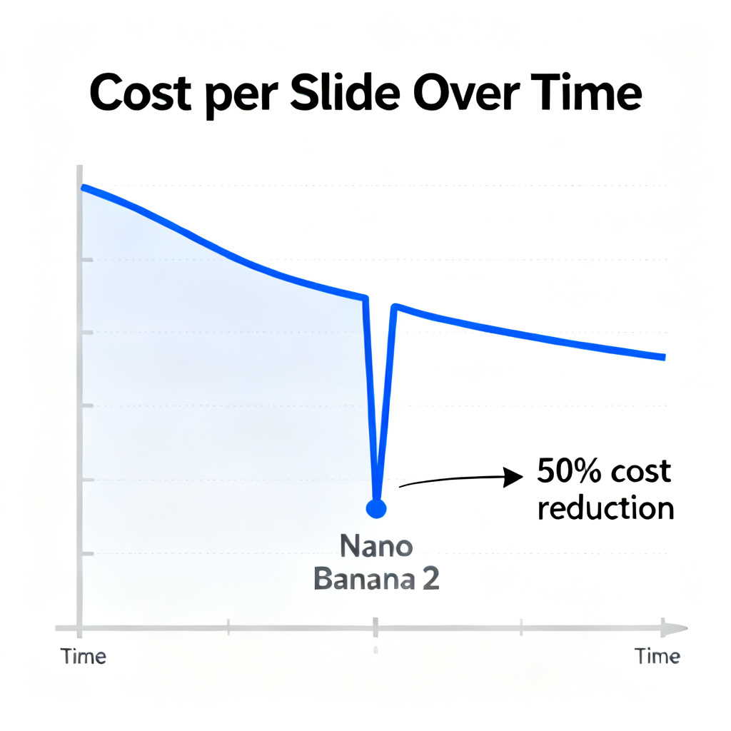 A timeline chart showing 'Cost per Slide' decreasing over time, with a sharp drop labeled 'Nano Banana 2' and an arrow pointing to '50% cost reduction'.