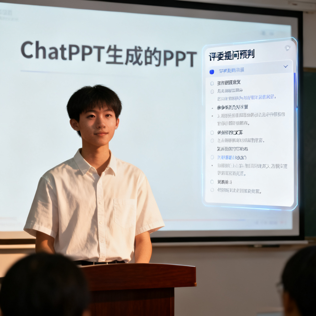 一个学生自信地站在答辩讲台上,背后屏幕显示ChatPPT生成的PPT,旁边有一个浮动窗口显示“评委提问预判”列表,包括问题与参考答案,学生表情从容