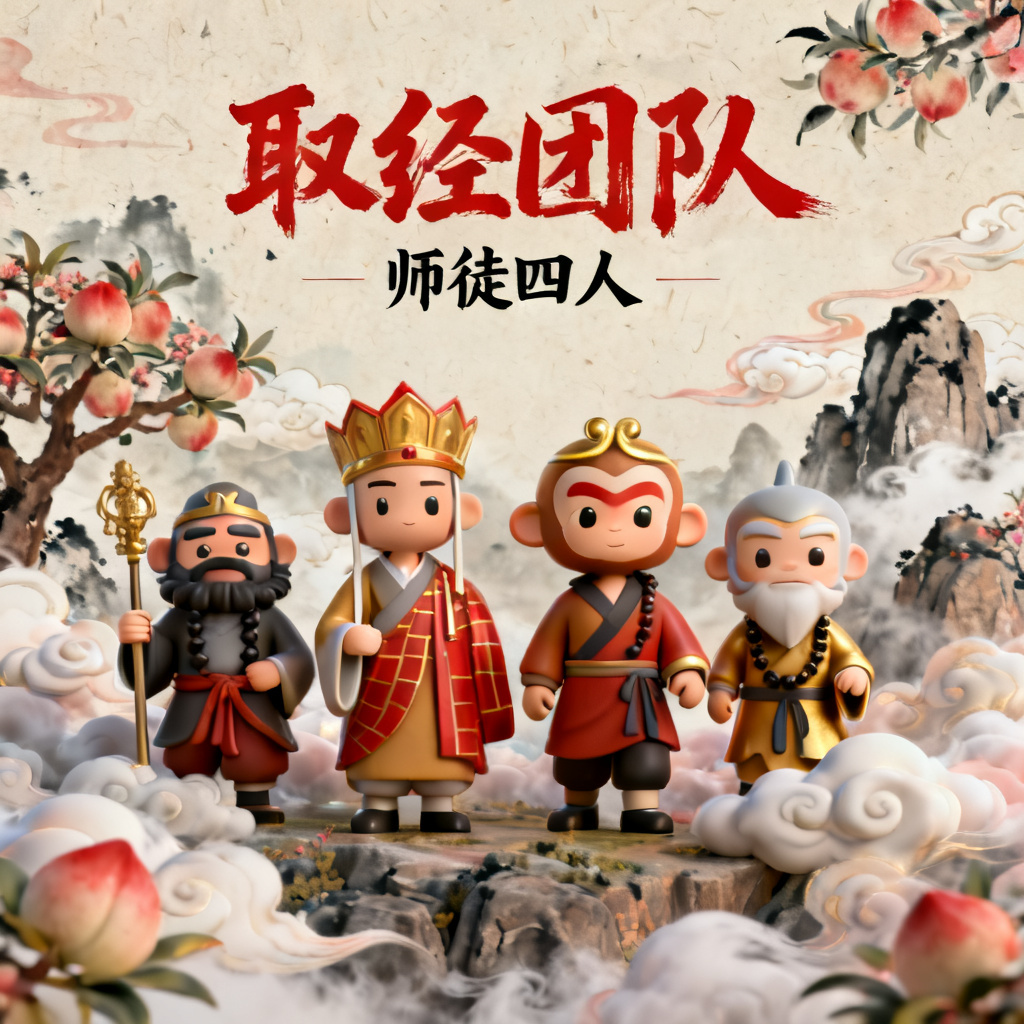 3D西游记风格的团队介绍页面,角色以立体卡通形象呈现,背景是云雾缭绕的花果山,文字使用毛笔字体,配色以红色和金色为主,带有传统水墨画的肌理感。