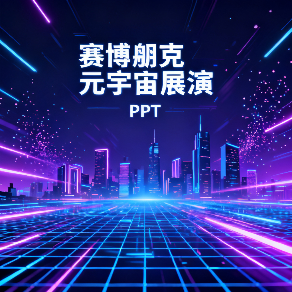赛博朋克风格元宇宙路演PPT，霓虹灯光、数字网格、未来感城市天际线，动态光效与粒子系统，高清渲染