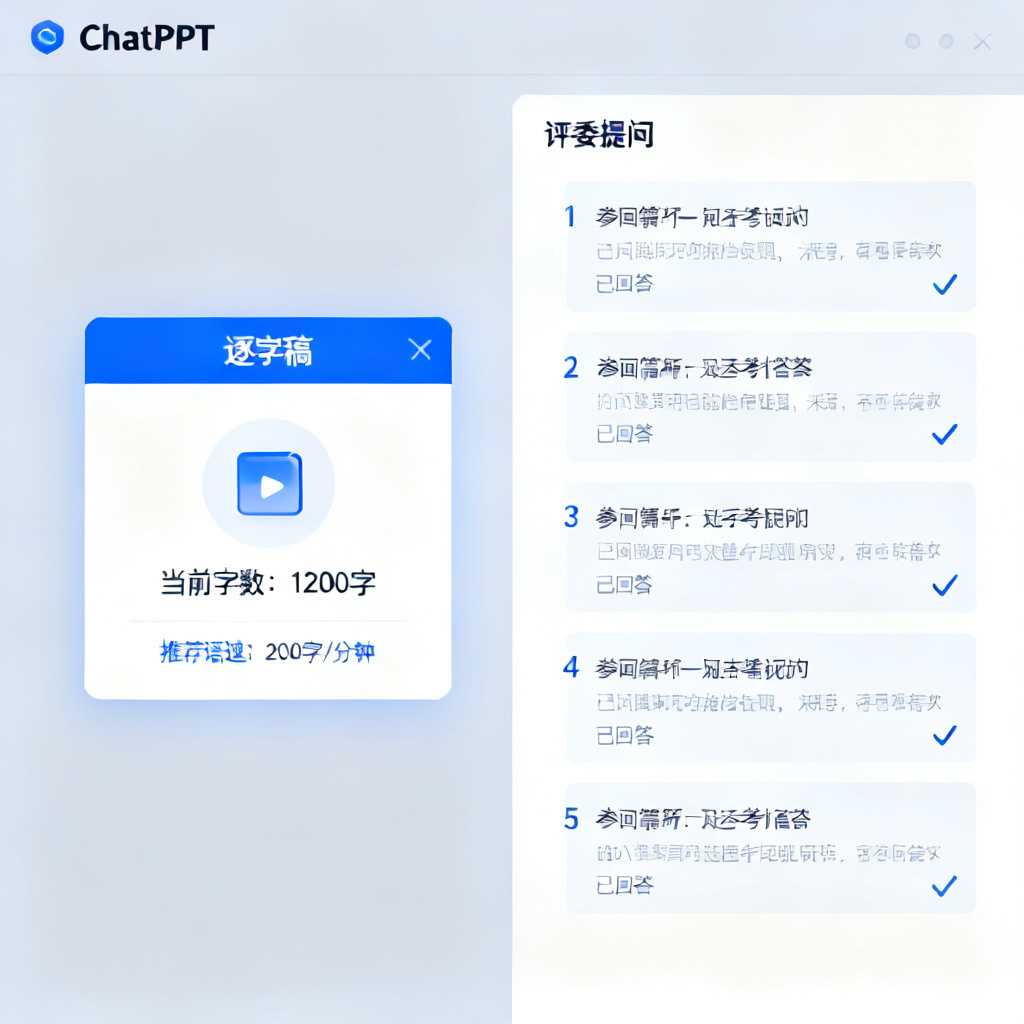 手机或电脑界面截图，左侧是ChatPPT的“逐字稿”弹窗（显示字数、语速提示），右侧是“评委提问”列表，列出5个问题及参考答案，每个问题下方有一个小对勾图标表示“已回答”。
