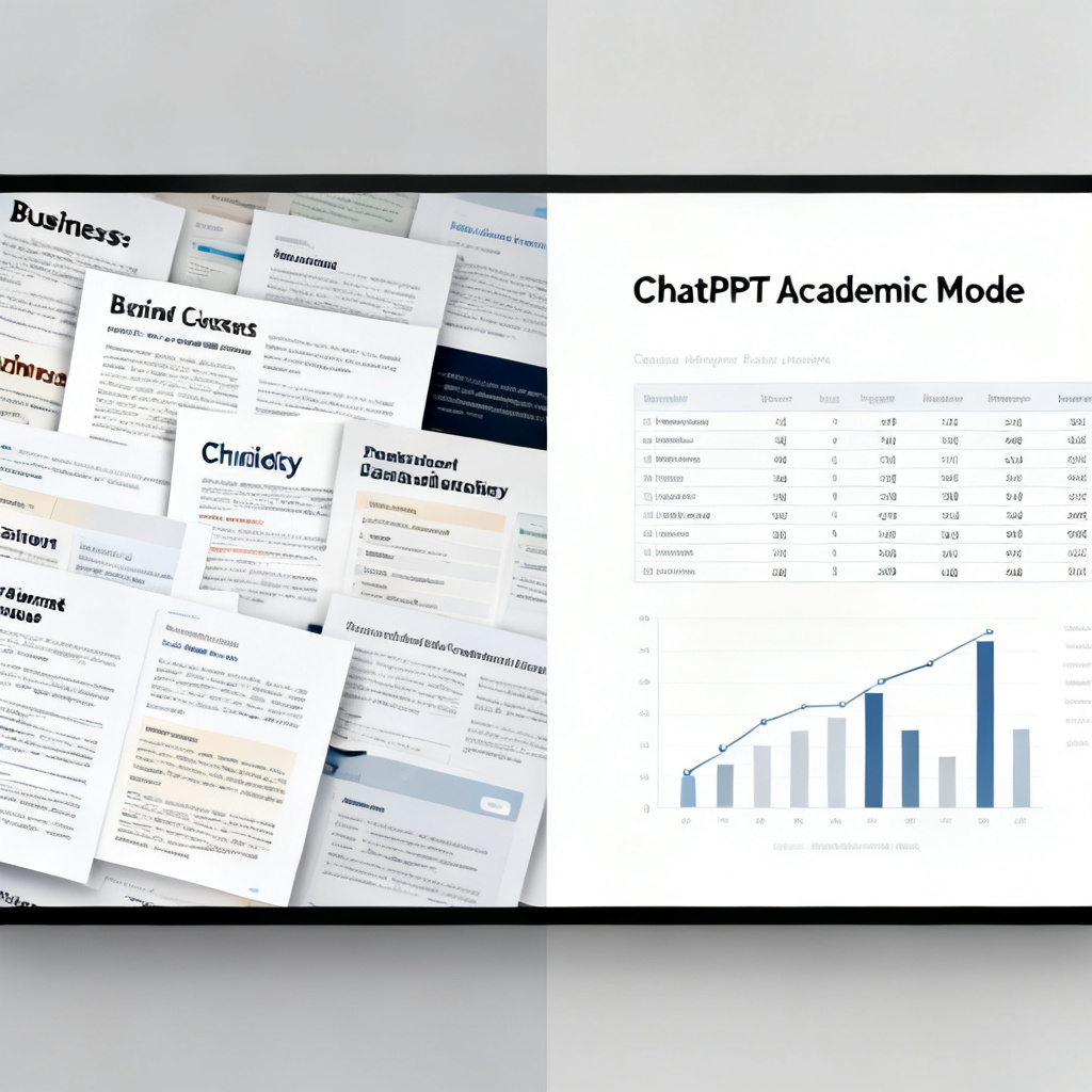 Split-screen comparison: left side shows a cluttered, generic business-style slide with mismatched fonts; right side shows a clean, academic slide with a data table and chart, labeled 'ChatPPT Academic Mode'.