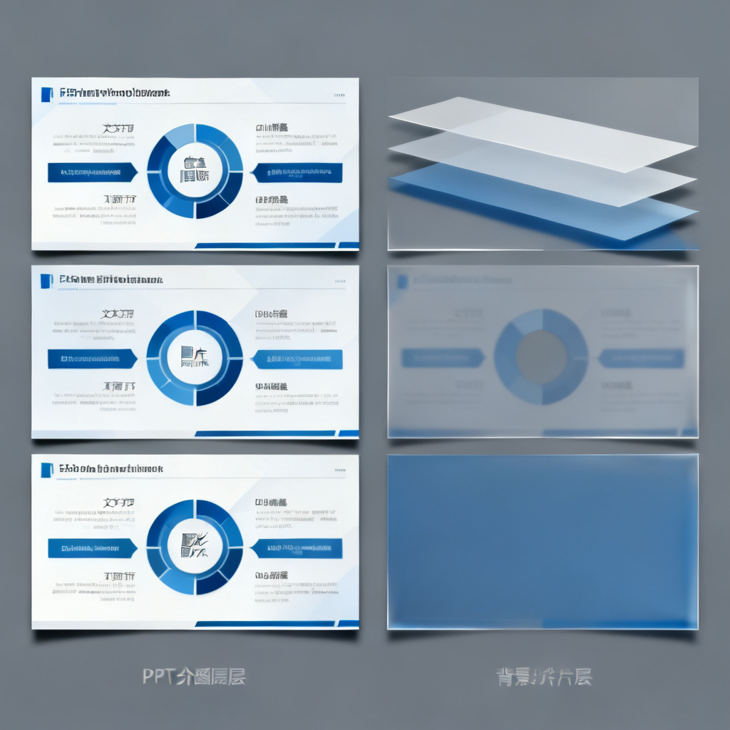一张PPT页面被拆解成多个独立图层的示意图，左侧是完整的页面，右侧是分离出来的文字层、图片层、形状层和背景层，每个图层都清晰可辨，边缘有细微的分离效果