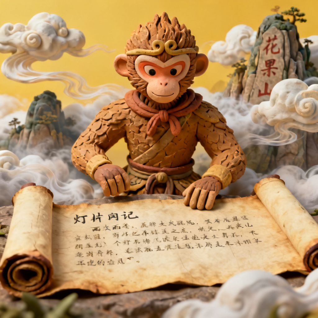 3D西游记风格幻灯片内页，孙悟空形象用粘土质感呈现，背景是云雾缭绕的花果山，文字区域为古书卷轴样式