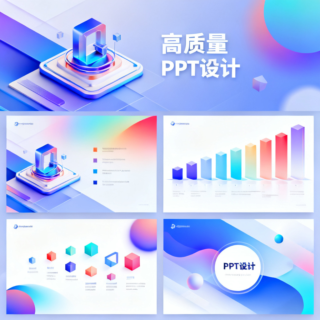 批量生成的高质量创意PPT，四页幻灯片风格统一，包含3D元素、渐变背景和几何图形，整体视觉流畅