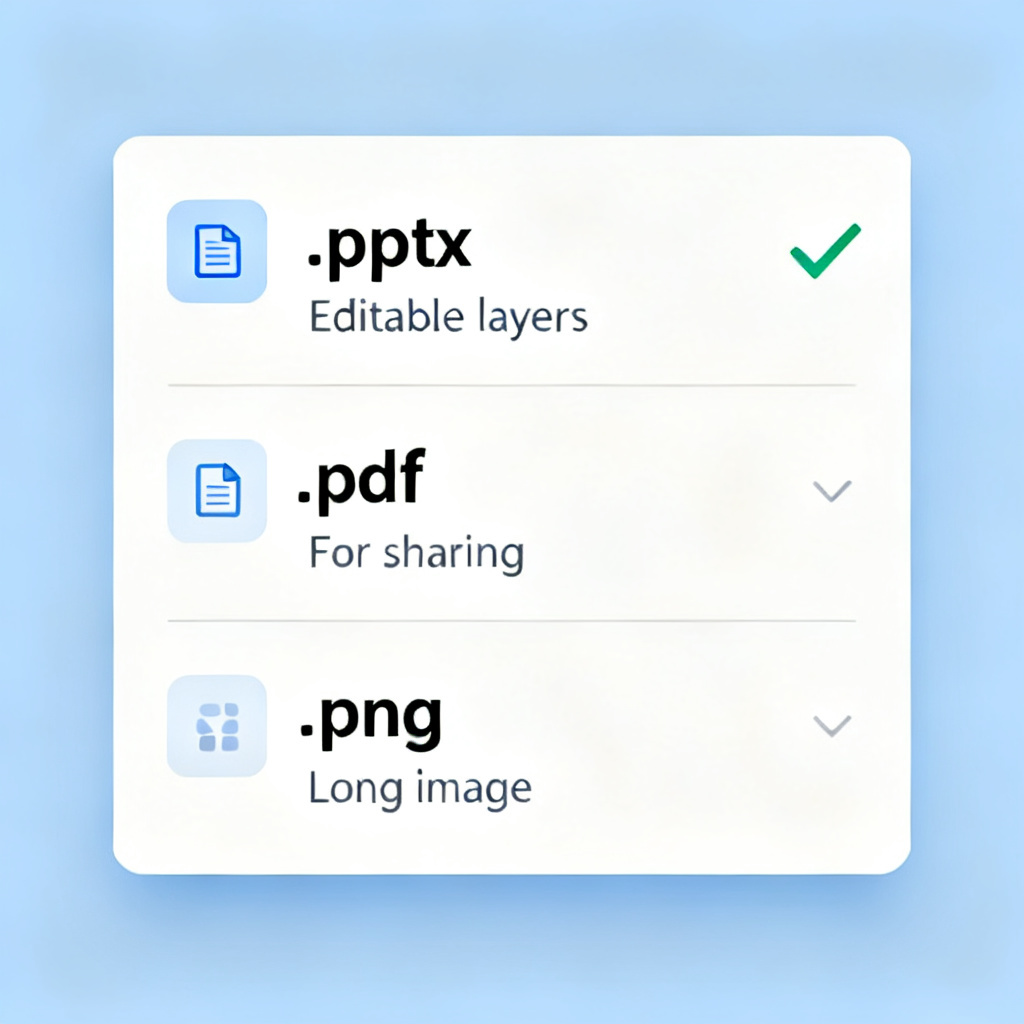 Export dialog of an AI tool showing three options: .pptx with note 'Editable layers', .pdf with note 'For sharing', .png with note 'Long image'. A checkmark next to .pptx.