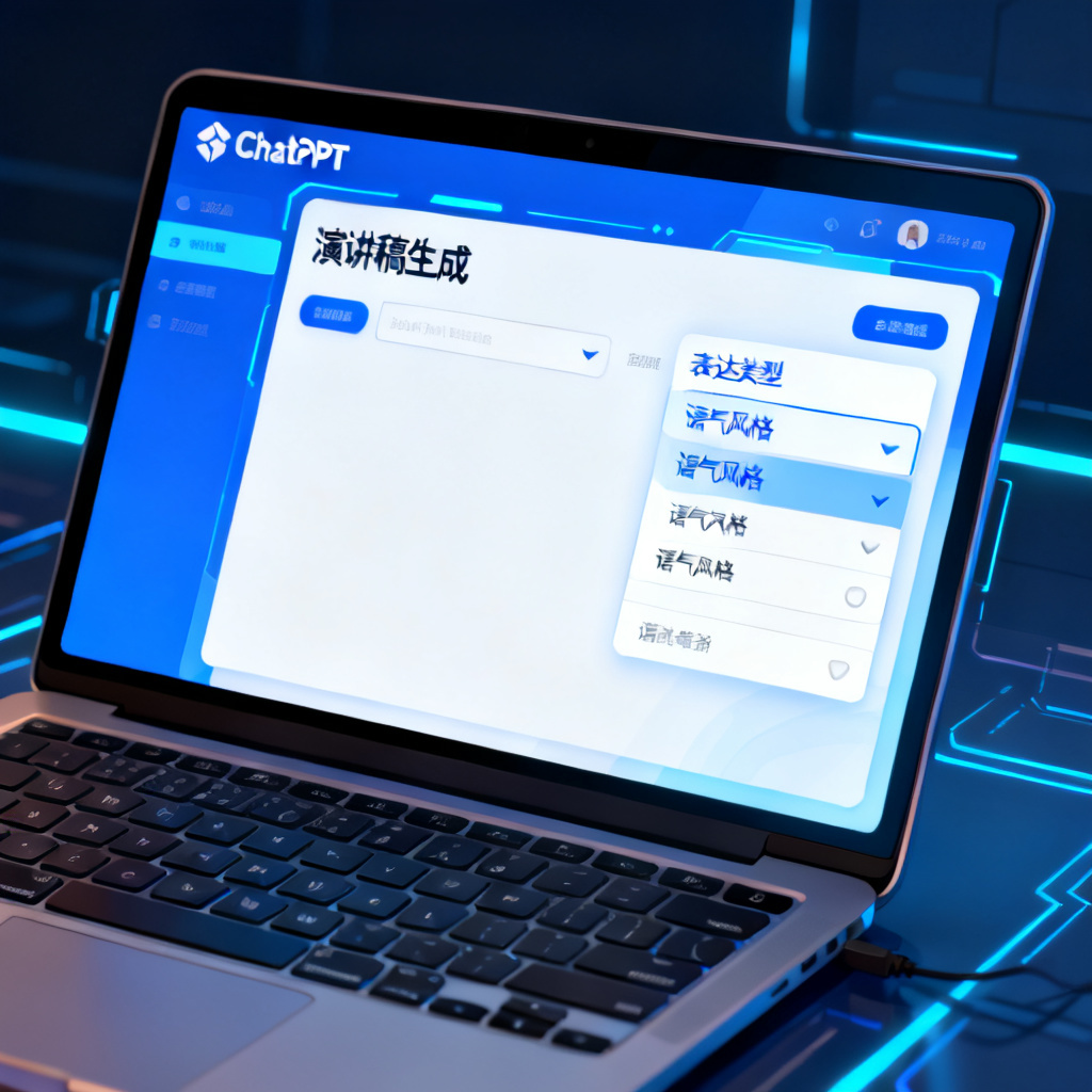 Close-up of a laptop screen showing ChatPPT interface with '演讲稿生成' feature, highlighting '表达类型' and '语气风格' dropdown menus. The screen glows with blue and white accents. Style: clean, tech illustration, 8K.