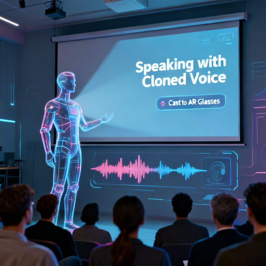 A demonstration interface of ChatPPT's AI Roadshow. A digital human avatar stands beside a projection screen, with voice clone waveform at the bottom. The interface shows "Speaking with Cloned Voice" and an option to "Cast to AR Glasses". Audience members are watching attentively.