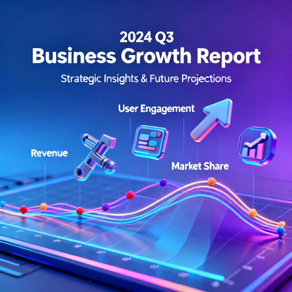 A professional business presentation slide with a futuristic theme, featuring a dynamic data chart, floating 3D icons, and a sleek gradient background, style: corporate tech, high-quality rendering