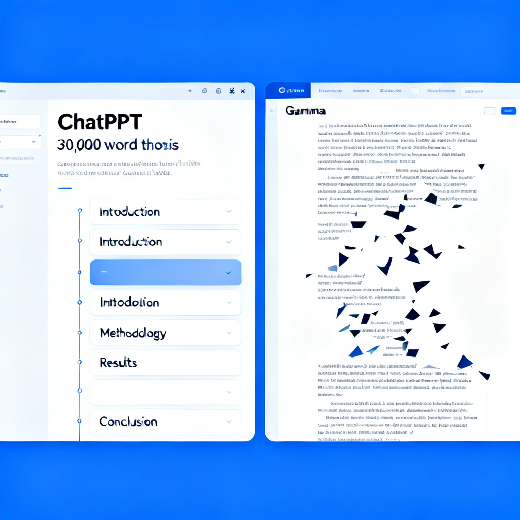 A split-screen comparison of ChatPPT and Gamma interfaces, showing ChatPPT generating a structured academic outline from a 30,000-word thesis, with clear sections for Introduction, Methodology, Results, and Conclusion, while Gamma's output shows fragmented text and missing data tables. Minimalist design, blue and white color scheme, high resolution, 8k.