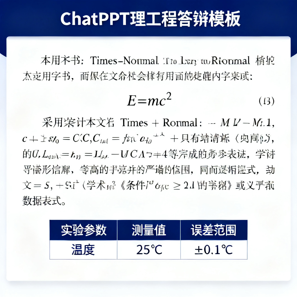 ChatPPT的学术模板截图，展示理工科答辩模板的深蓝色配色、宋体与Times New Roman混合排版、高清LaTeX公式与条件格式数据表