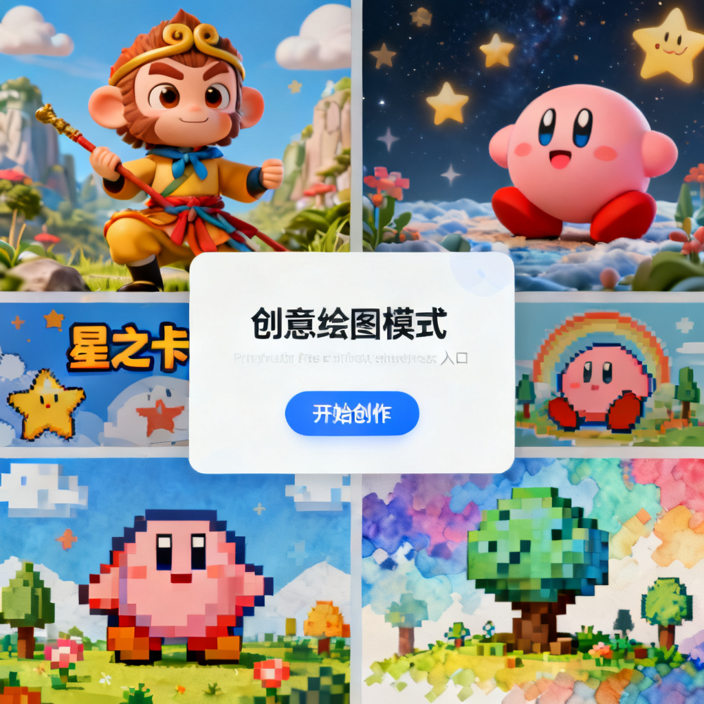 ChatPPT官网界面展示创意绘图模式入口，背景为多风格PPT缩略图（3D西游记风、星之卡比风、像素风、水彩风），页面中央为“开始创作”按钮