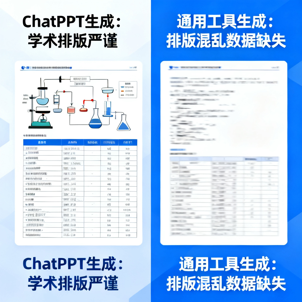 对比图:左侧是ChatPPT生成的学术排版PPT,包含清晰的实验流程图和数据表,排版严谨;右侧是通用工具生成的PPT,排版混乱,数据缺失。