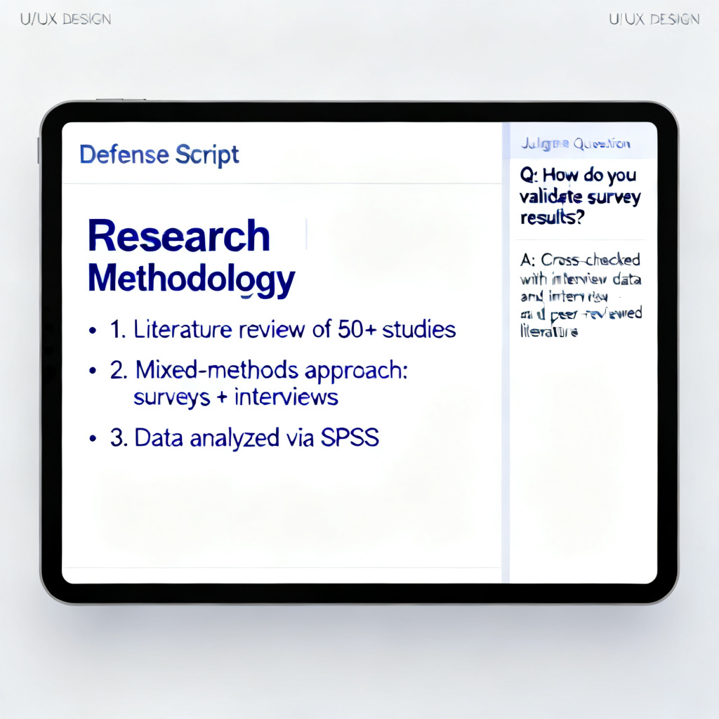 An AI-generated mock-up of a screen showing a defense script with bullet points for each slide, alongside a sidebar listing potential judge questions and suggested answers