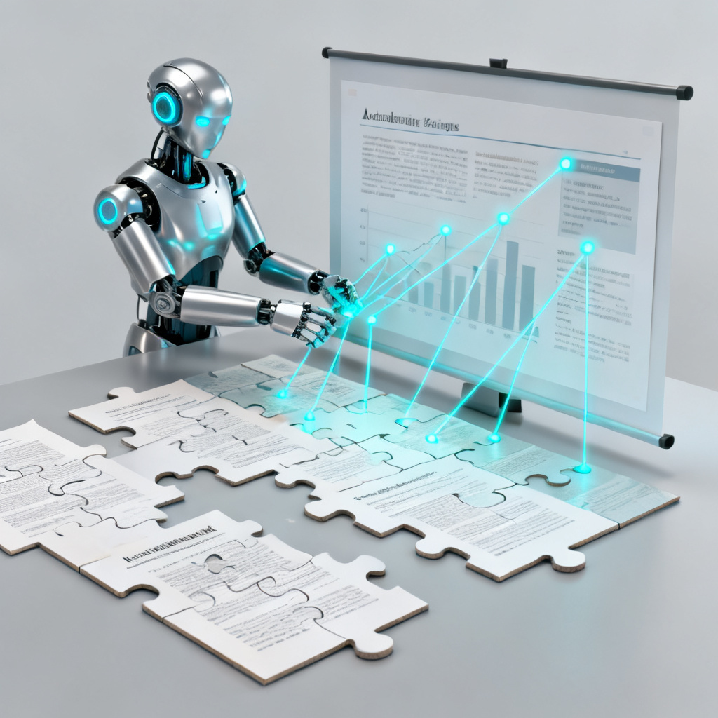 A futuristic AI robot assembling a complex jigsaw puzzle representing academic papers into a polished presentation slide, with glowing lines connecting data points, in a minimalist style.