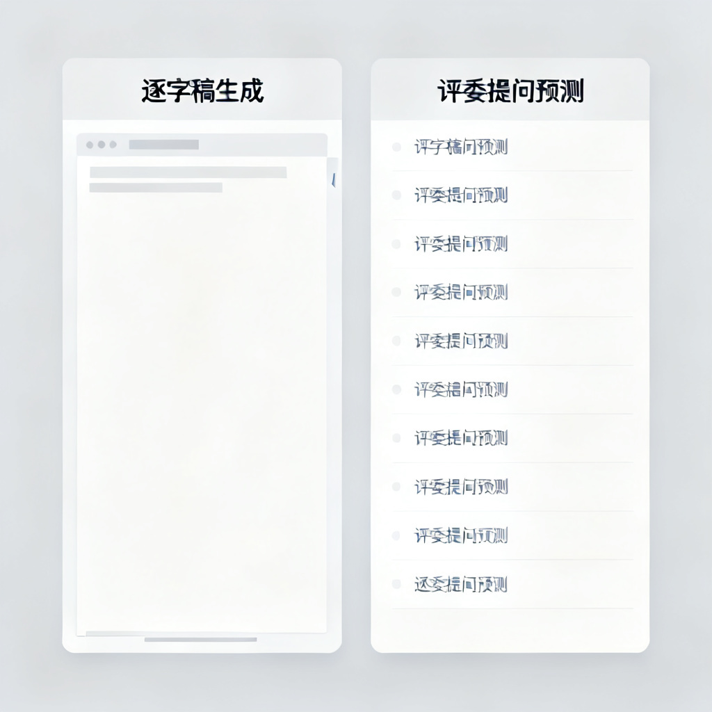 ChatPPT答辩辅助界面，展示逐字稿生成窗口和评委提问预测列表，界面简洁专业