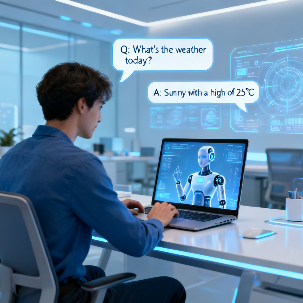 A user interacting with an AI avatar on a laptop, with speech bubbles showing Q&A, futuristic office setting, soft blue tones, 4k