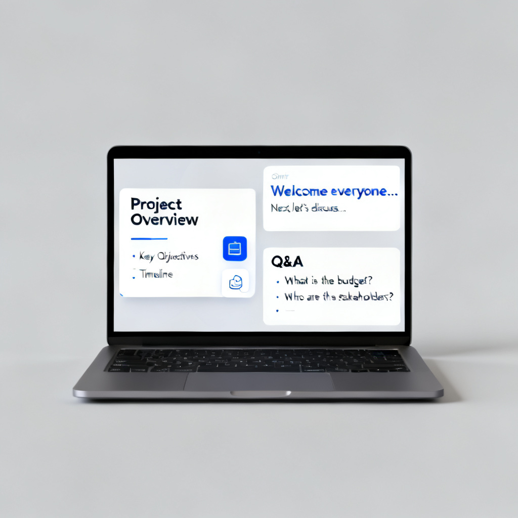 A laptop screen showing a split view: one side with a presentation slide, the other side with a script and a list of potential Q&A, clean UI design