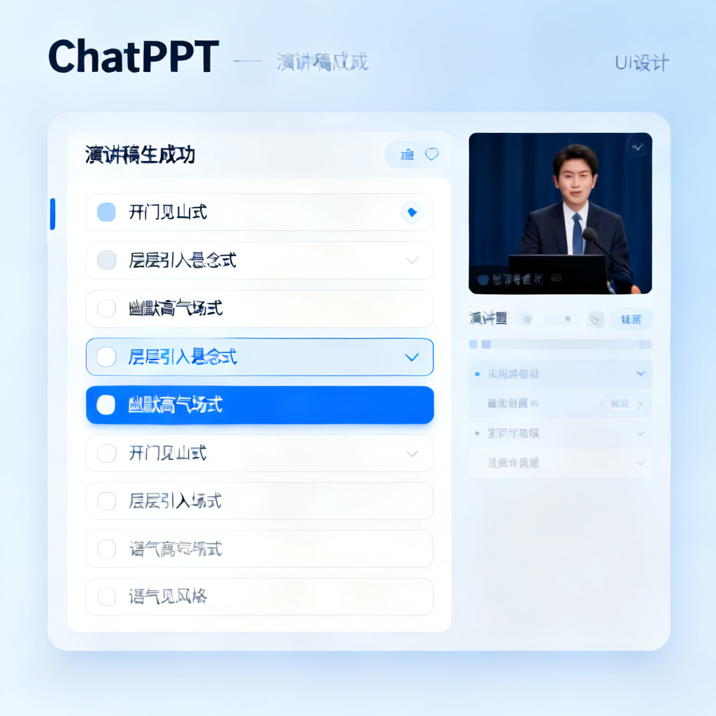 ChatPPT界面中演讲稿生成功能，显示多种语气风格选项如“开门见山式”、“层层引入悬念式”、“幽默高气场式”，旁边有演讲者视图预览