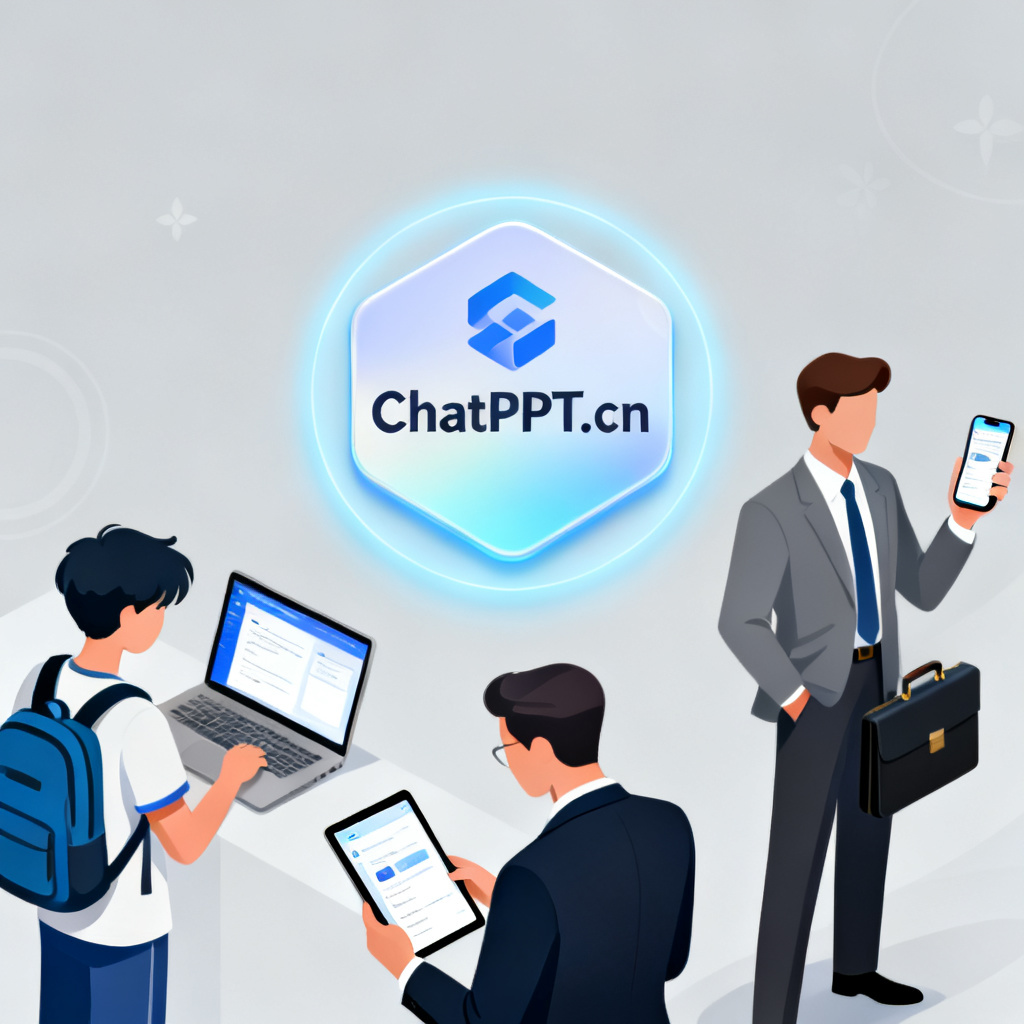 A montage of diverse users (student, executive, entrepreneur) using ChatPPT on different devices, with a central glowing badge 'ChatPPT.cn', clean and professional design, illustration style