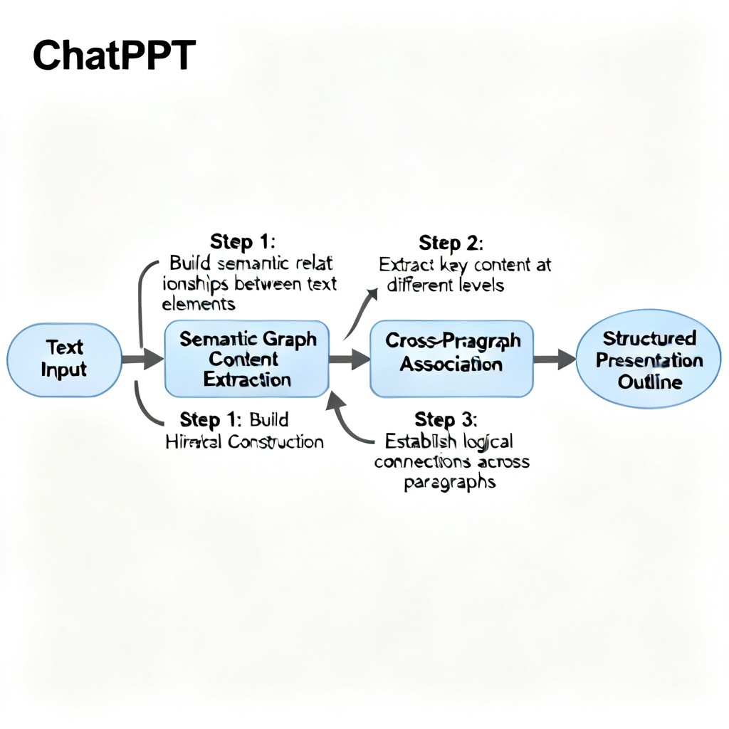 A flowchart illustrating ChatPPT's three-layer logic reconstruction process for academic papers: semantic graph construction, hierarchical content extraction, and cross-paragraph association. The diagram shows text input flowing through these stages to produce a structured presentation outline.