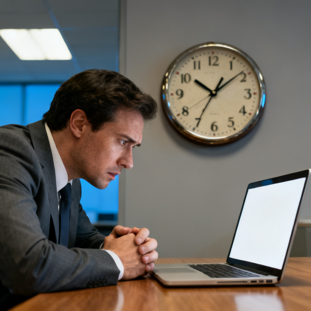 A frustrated professional staring at a blank slide, with a clock ticking loudly in the background, symbolizing time pressure.