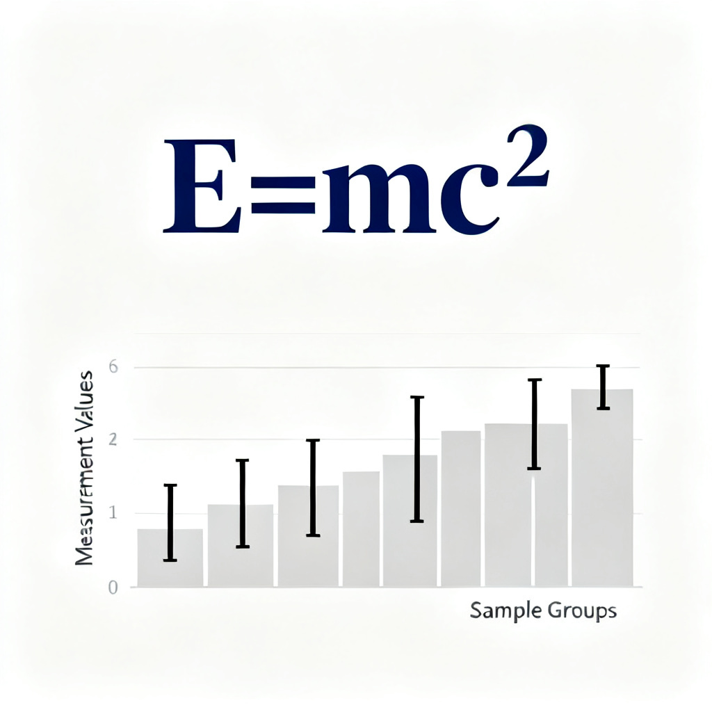 A close-up of a PowerPoint slide displaying a complex scientific formula, e.g., E=mc^2, and a bar chart with error bars. The slide is neat, with a minimalist academic template, no clutter.