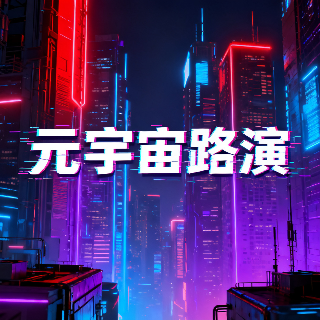 赛博朋克风格元宇宙路演PPT封面,霓虹灯色彩,高楼大厦,科技感十足,标题字体带有数字故障效果
