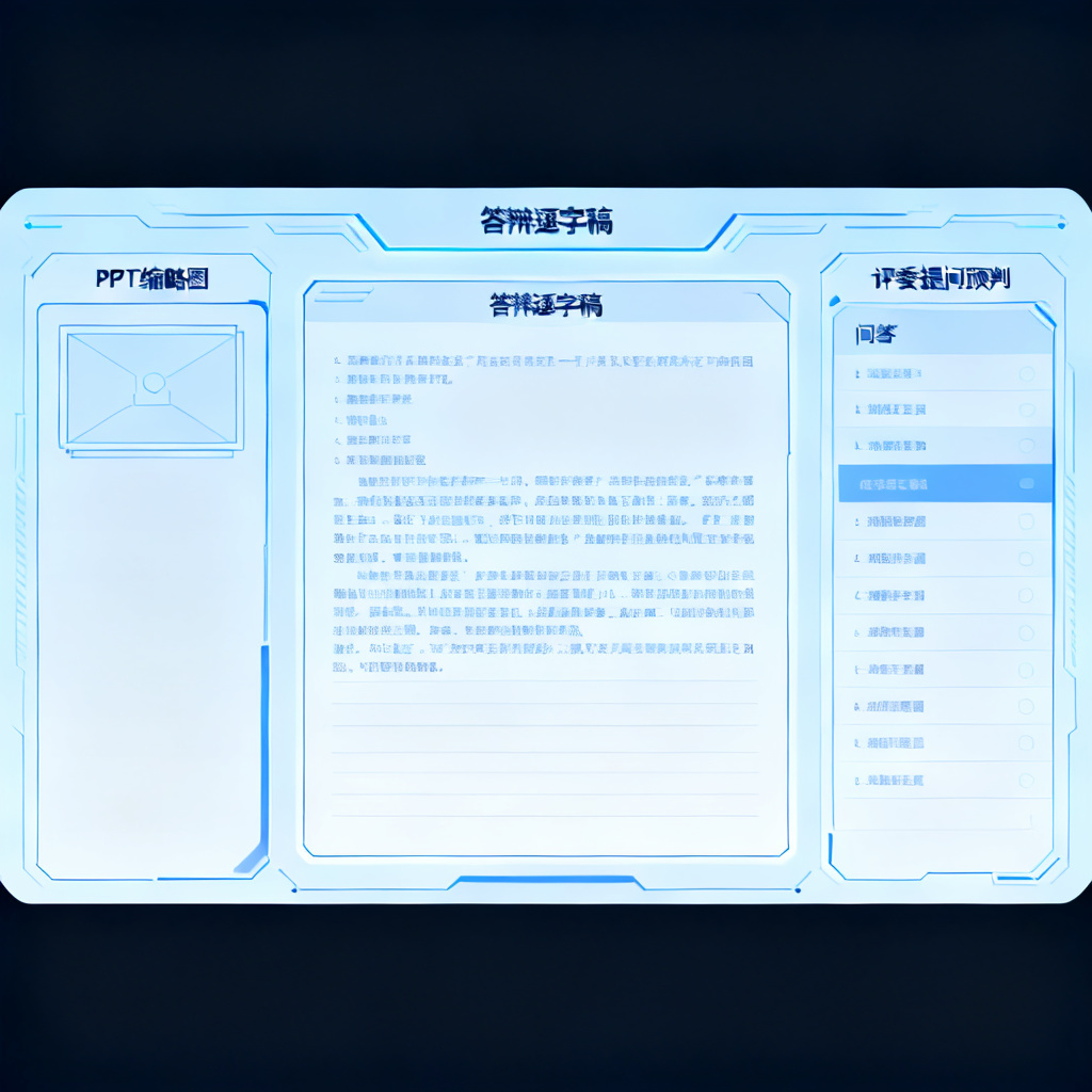 ChatPPT界面展示答辩逐字稿和评委提问预判功能,左侧是PPT缩略图,右侧是问答列表,风格科技感,界面简洁