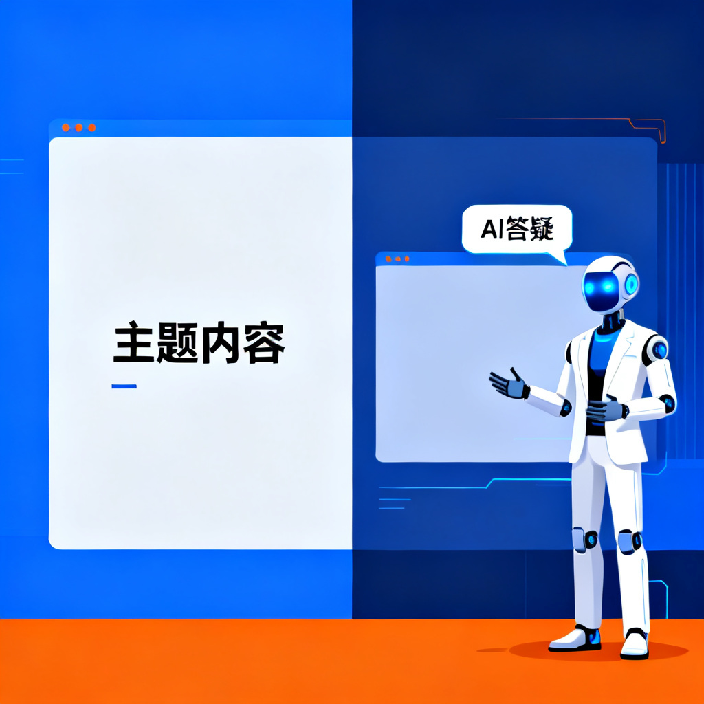 A split-screen image: left side shows a static PPT slide with minimal text, right side shows the same slide with an AI avatar delivering a speech, with a 'AI答疑' chat bubble appearing. Style: infographic, modern, high contrast.