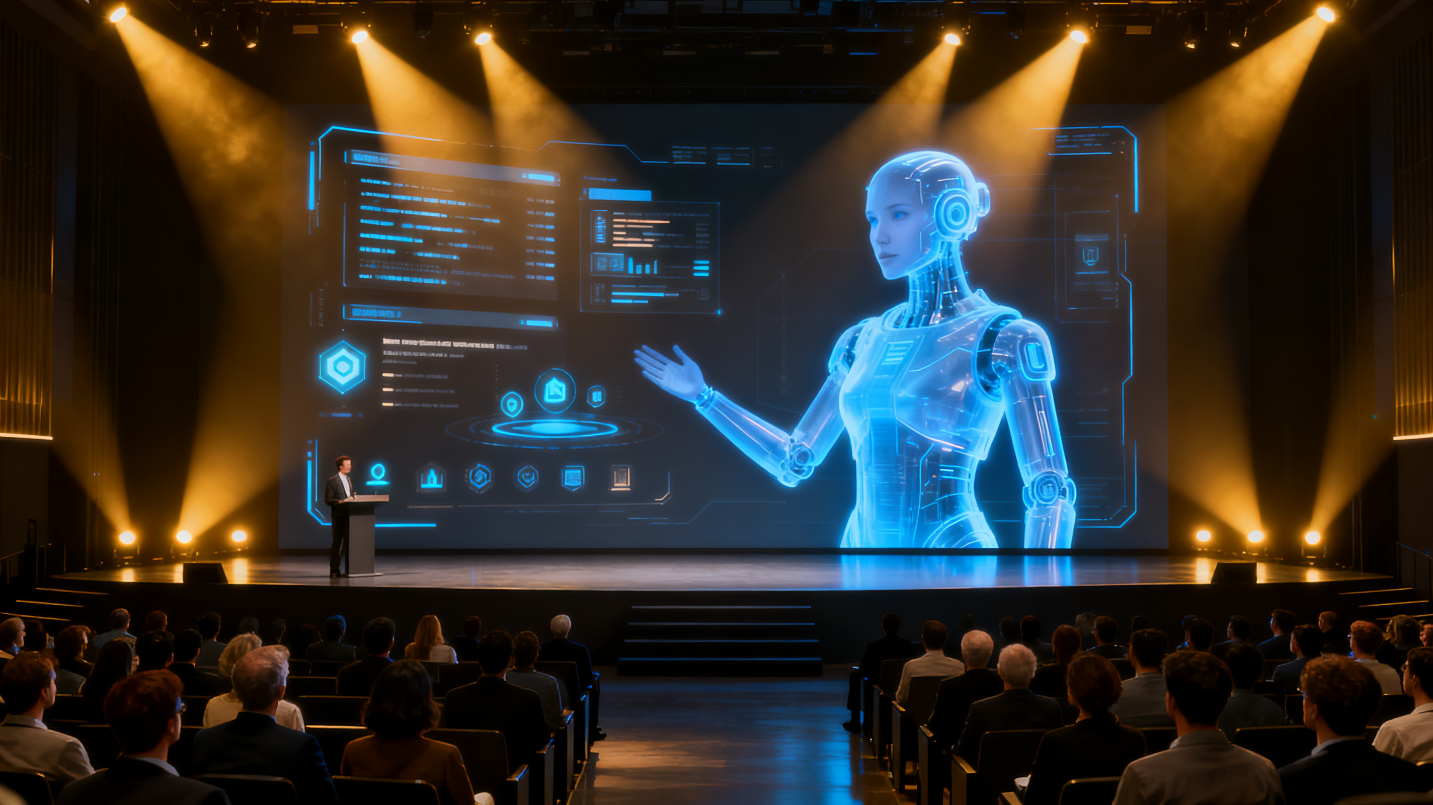 A professional conference stage with a holographic AI assistant presenting slides to an audience, futuristic digital interface overlaying the presentation, keynote atmosphere, cinematic lighting, 16:9 aspect ratio