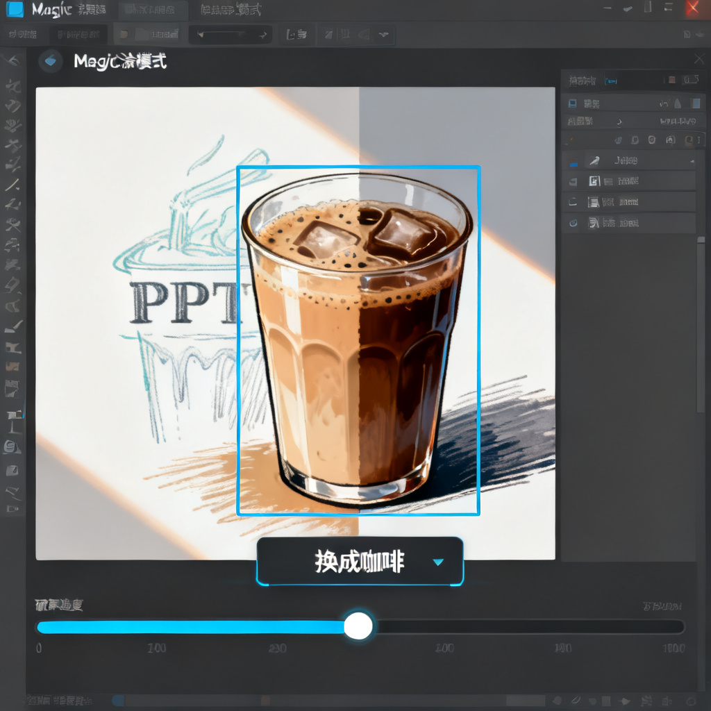 展示Magic涂画模式的界面,用户框选PPT中的一杯奶茶,输入指令‘换成咖啡’,AI正在实时渲染替换效果,光影和风格完美融合