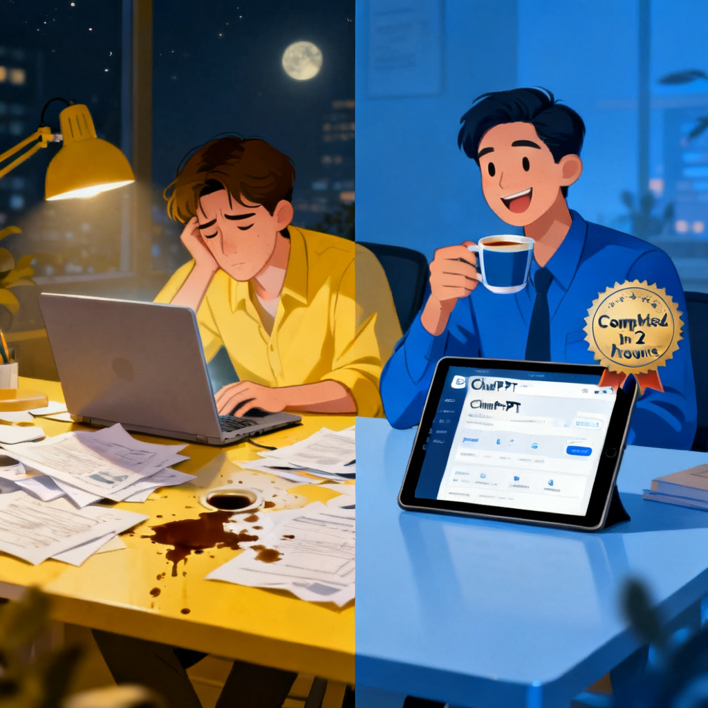 A split-screen comparison showing left side: a messy desk with scattered papers, coffee stains, and a tired person staring at a laptop screen at 2 AM; right side: a clean desk with a single tablet showing ChatPPT interface, with a smiling person having a coffee, and a "Completed in 2 hours" badge.