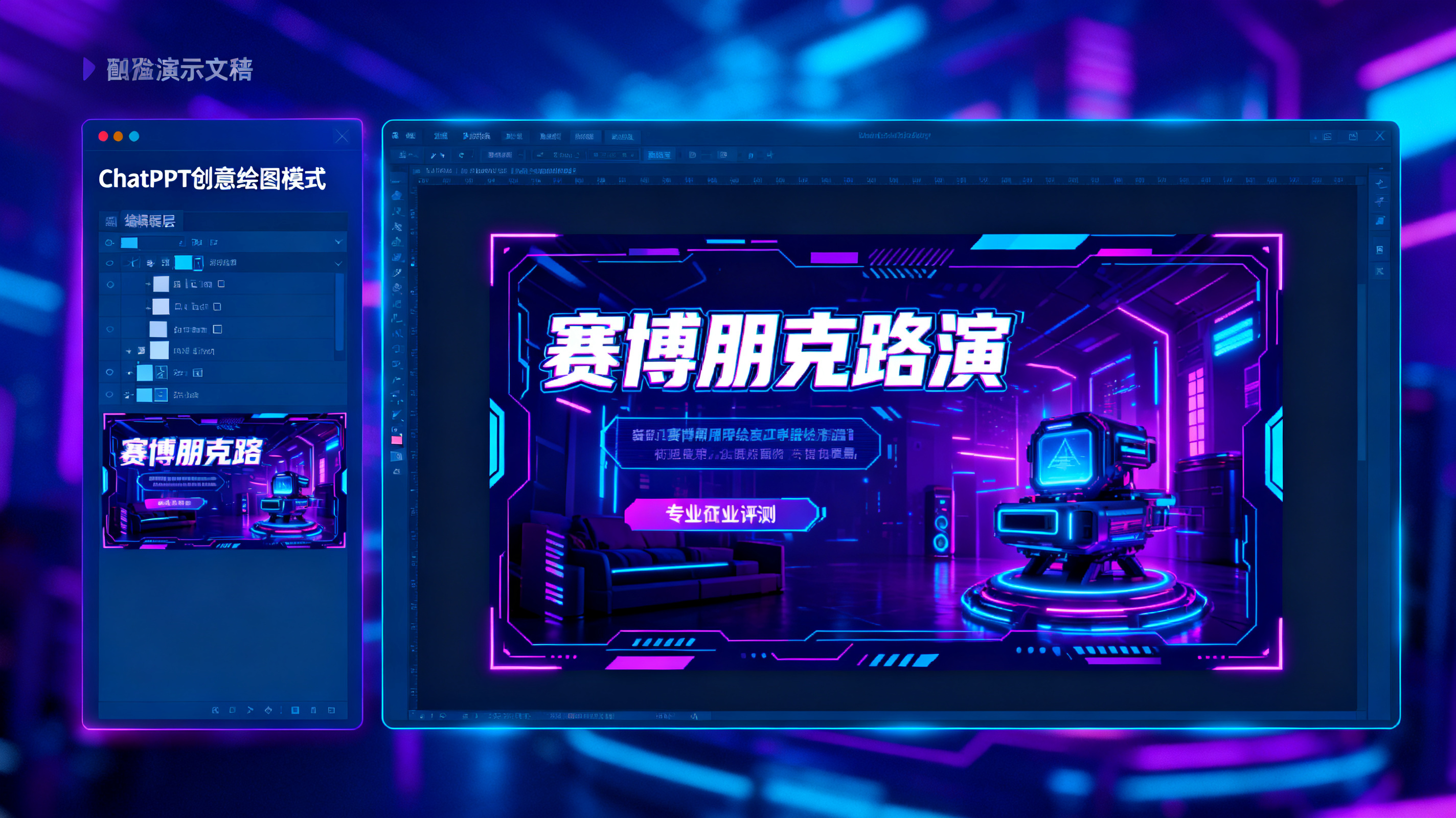 未来感演示文稿界面，左侧是 ChatPPT 创意绘图模式面板，右侧是赛博朋克风格路演页面，霓虹蓝紫光，可编辑图层高亮，专业商业评测风格