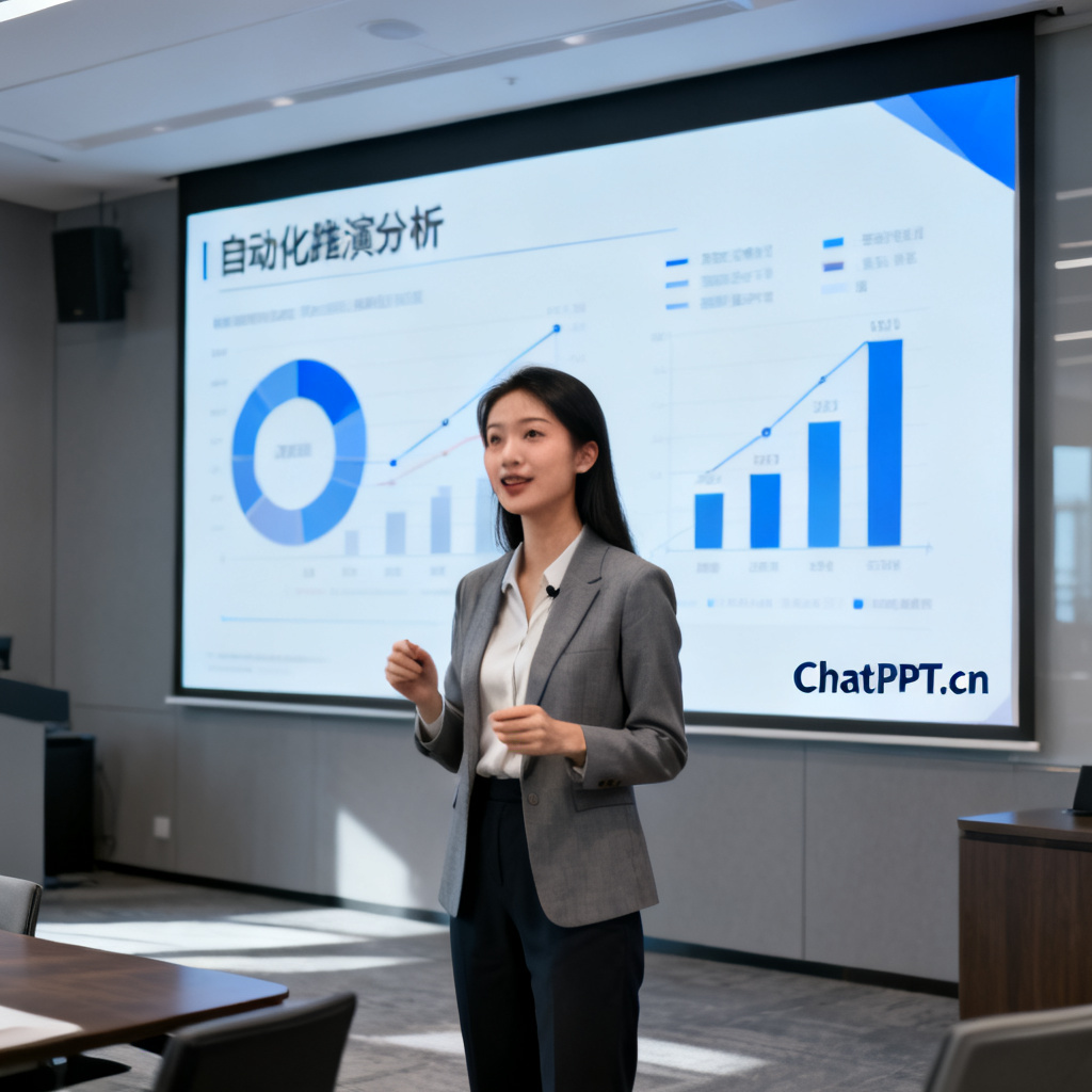 一位年轻专业的中国女性在大型会议室自信演讲，背后大屏展示自动化路演分析图表，右下角有“ChatPPT.cn”字样，整体风格高级灰与科技蓝，职业感强，超写实商业摄影