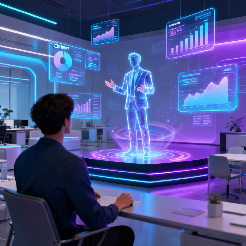 A futuristic office scene where a user interacts with ChatPPT's AI roadshow interface, with floating data visualizations and a digital twin presenting on stage.