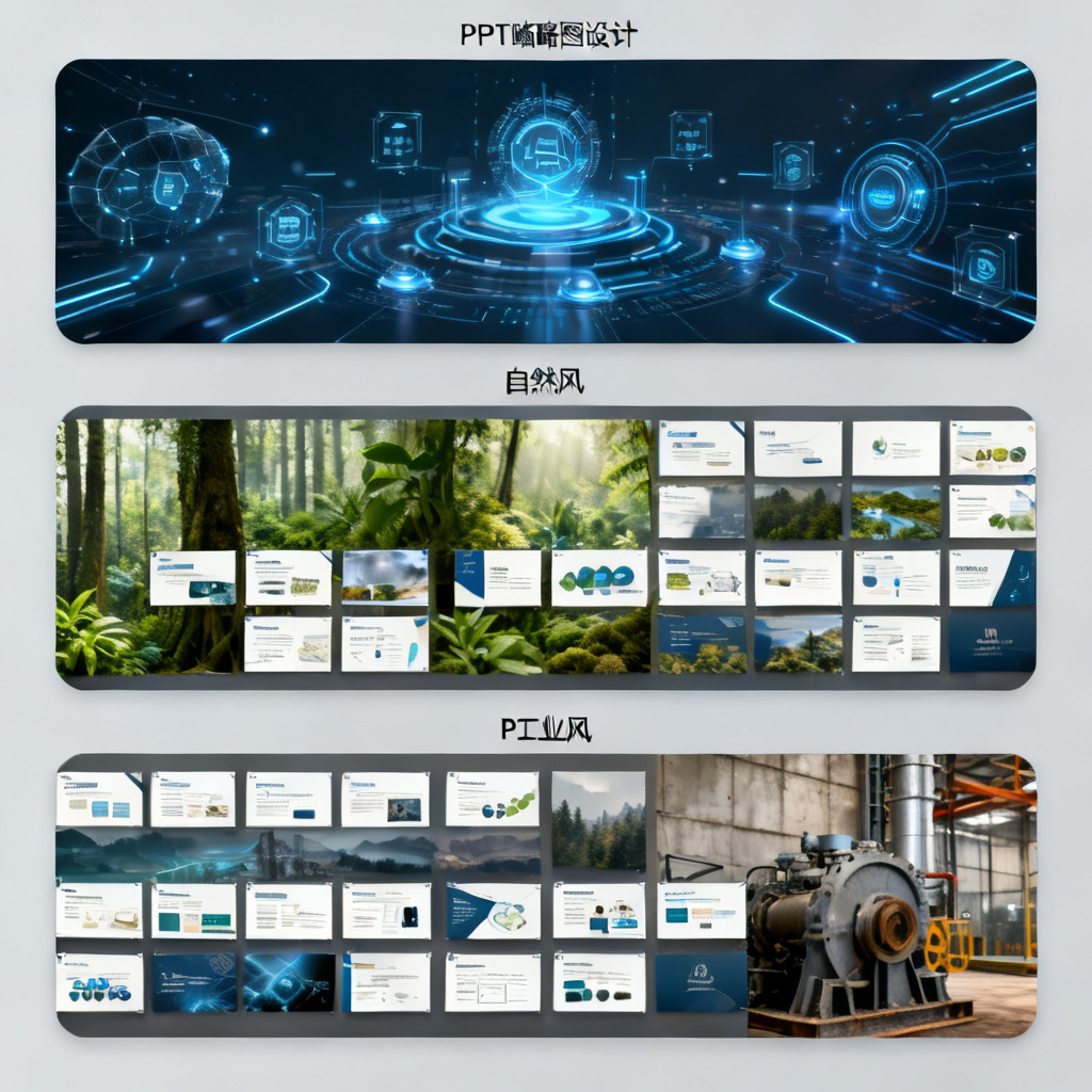 批量生成的高质量PPT缩略图,展示科技风、自然风、工业风三种风格,每份约15页,排列整齐