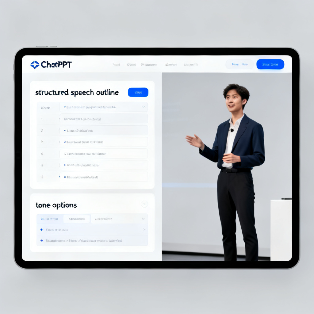 A split screen showing ChatPPT's interface on the left with a structured speech outline and tone options, and a person confidently presenting on the right