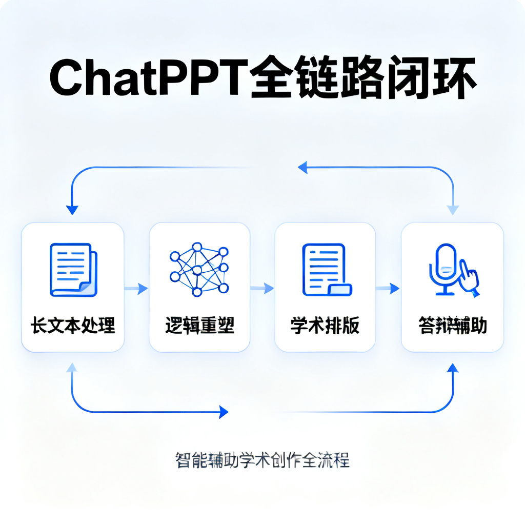 信息图展示ChatPPT的全链路闭环：长文本处理、逻辑重塑、学术排版、答辩辅助，风格简洁清晰