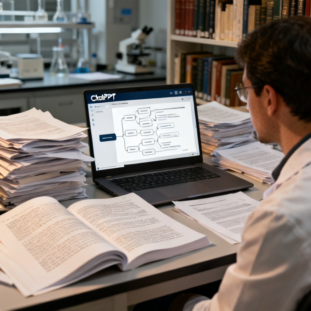 A researcher in a lab, surrounded by stacks of academic papers, looking at a laptop screen where ChatPPT interface shows a complex paper outline being transformed into a clean, logical presentation slide. Style: realistic, detailed, academic setting, soft lighting.