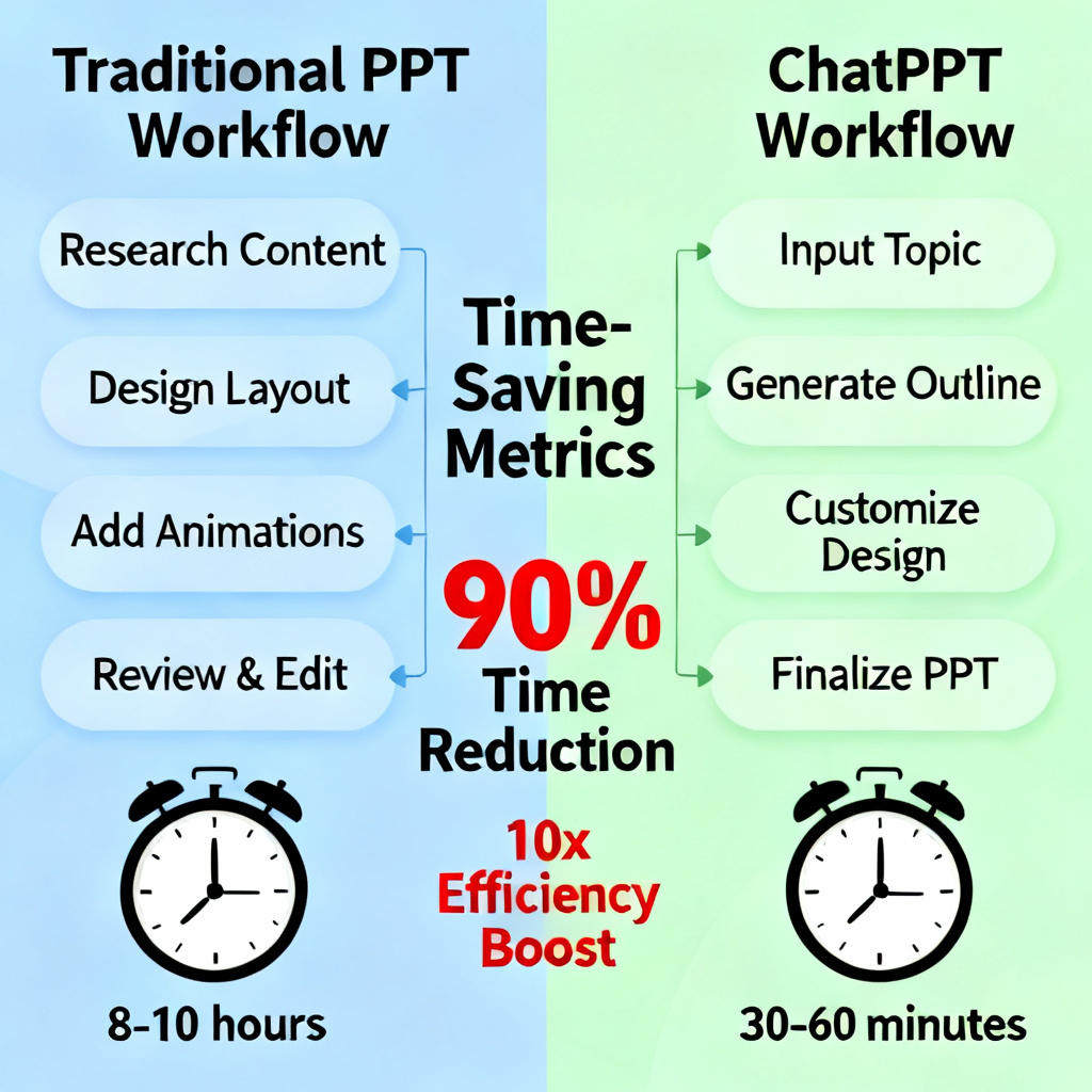 A split-screen comparison showing traditional PPT workflow (multiple hours of manual work) vs ChatPPT workflow (automated generation), with time-saving metrics highlighted