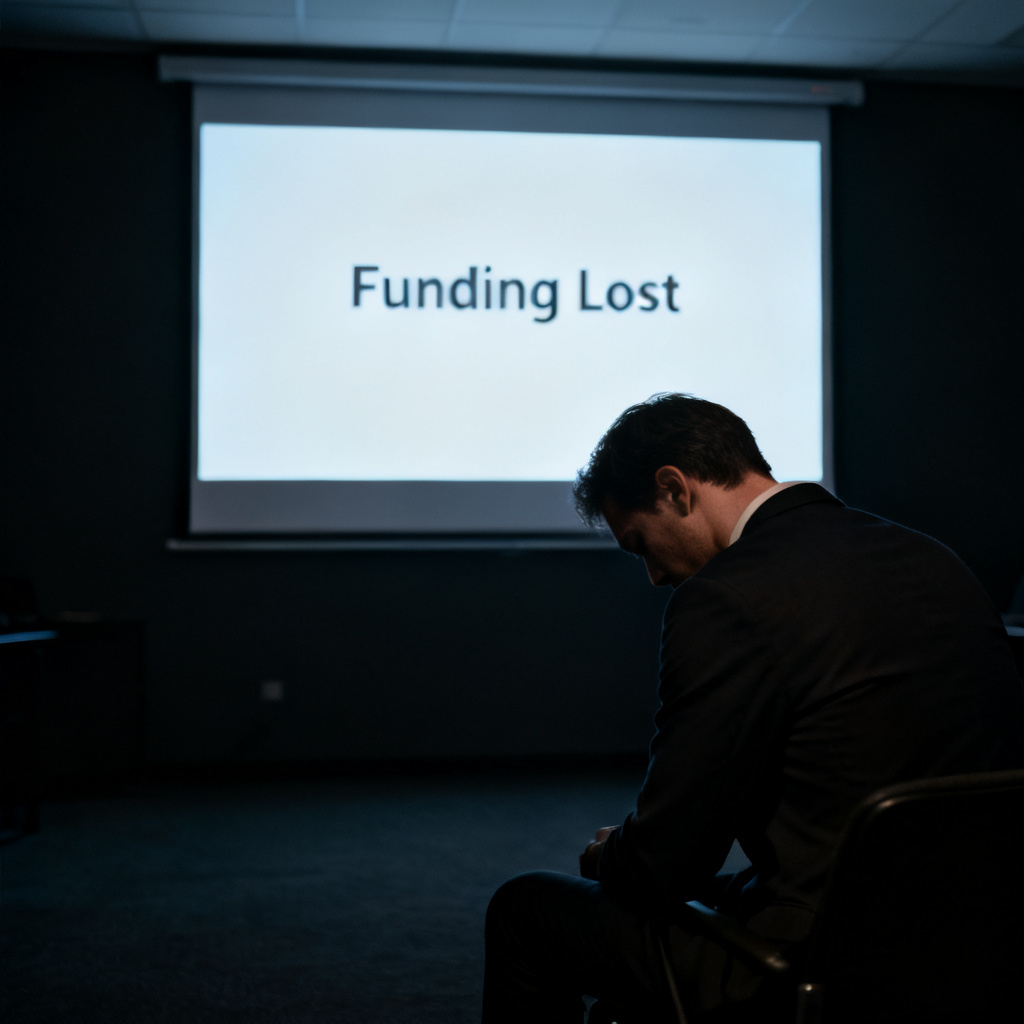 A dejected entrepreneur sitting in a dark room, with a blank projector screen showing 'Funding Lost', dramatic lighting, cinematic composition