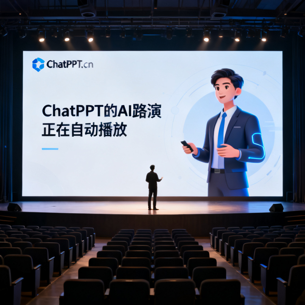 一个人站在舞台中央，面前是空无一人的观众席，但大屏幕上ChatPPT的AI路演正在自动播放，数字人形象在屏幕上同步演讲，背景是“ChatPPT.cn”的logo。