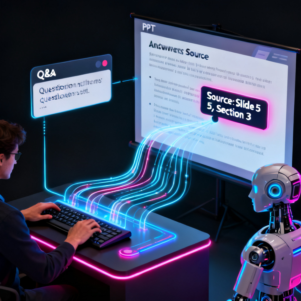 Interactive Q&A interface on a presentation platform, user typing a question, AI highlighting the answer source on the PPT slide with a pop-up citation label, data flow visualization, modern design, dark mode with neon accents.